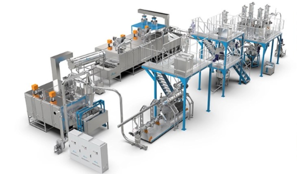 Automated breakfast cereal production line with twin-screw extruder for corn flakes