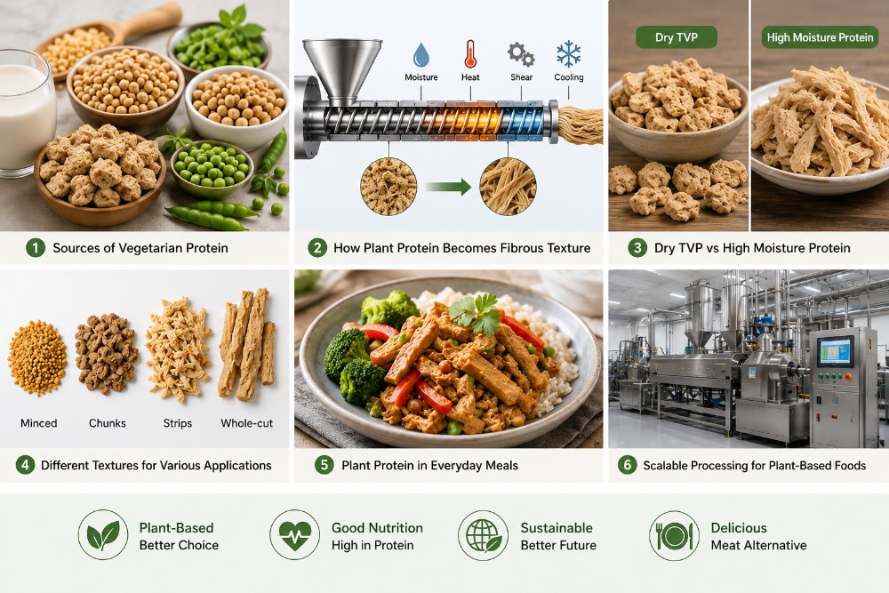 Plant protein sources, extrusion process, and dry TVP versus high moisture protein applications