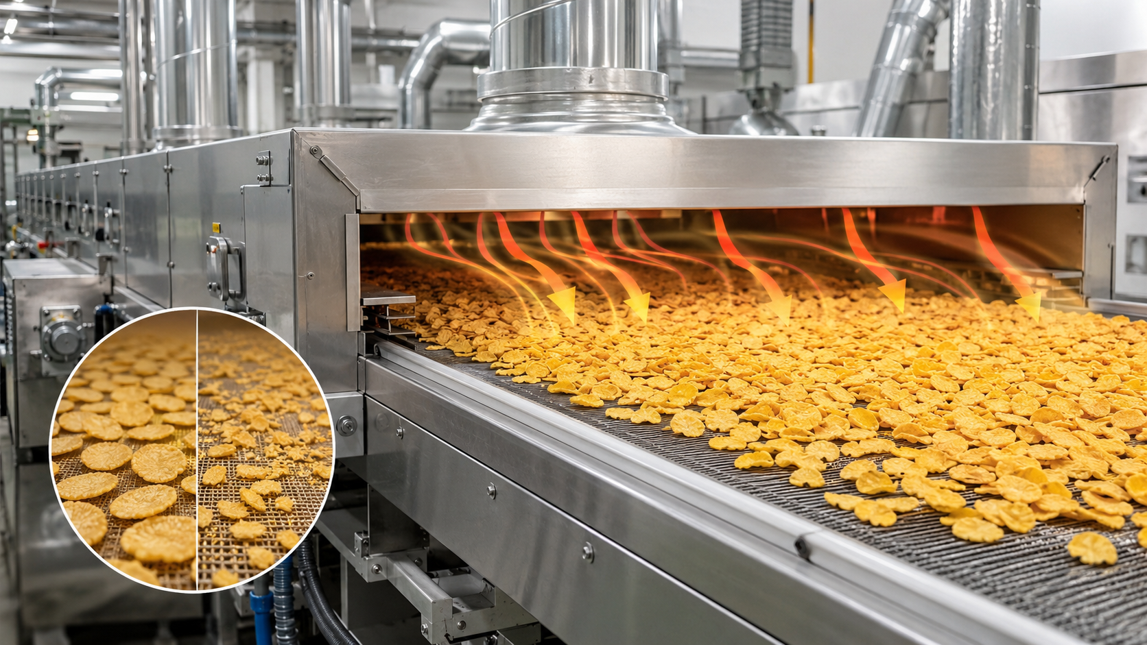 Corn flakes drying and toasting process with controlled airflow to reduce breakage in cereal production