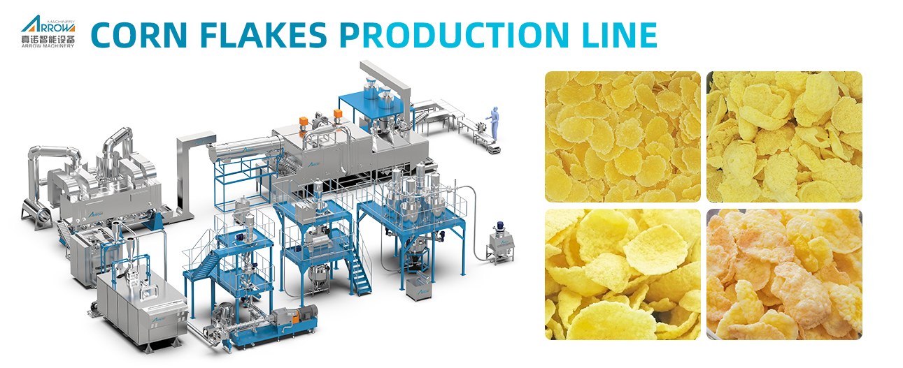 automatic corn flakes production line with finished corn flakes samples for cereal factory setup