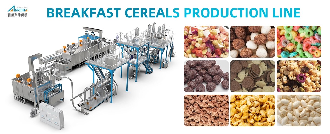 breakfast cereals processing equipment manufacturer showing a breakfast cereal production line and assorted finished cereal products