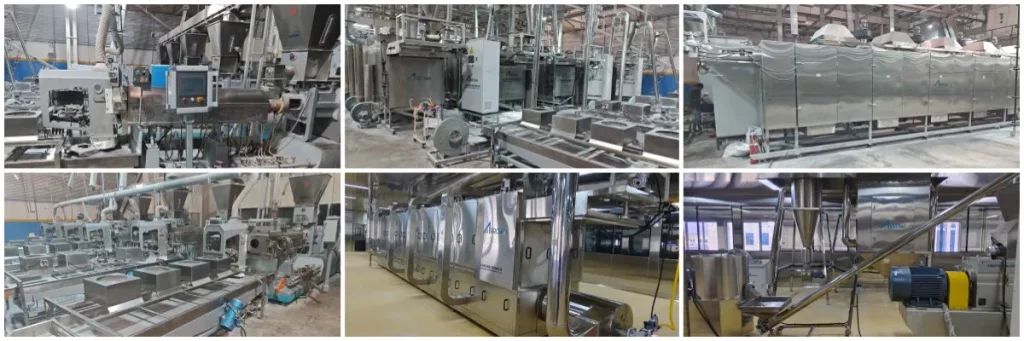 Arrow Machinery fortified rice production line with extrusion, drying, cooling, and conveying equipment in a factory