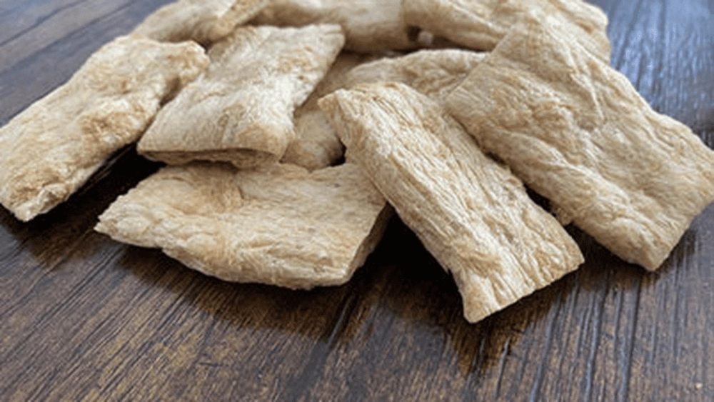 Dry textured vegetable protein strips